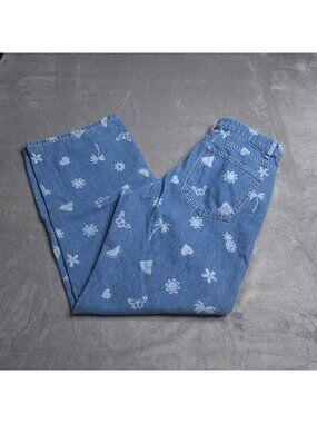 Forever 21 Womens Wide Leg Blue Denim Jeans 29 Tropical Print High Rise